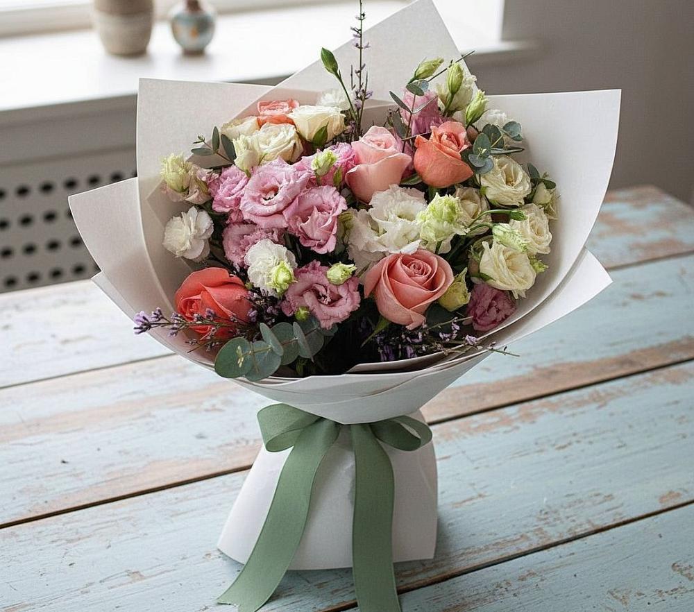 Букет цветов из: Розы, Лизиантусы и Гвоздики в Больших Березниках