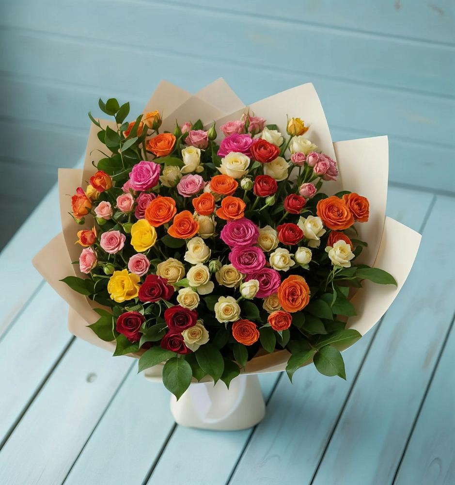 Букет Микс из разноцветных кустовых роз в Больших Березниках